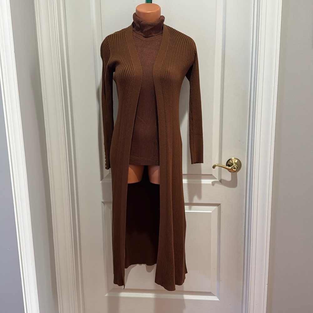 WHBM 2p Sweater Set Sleeveless Turtleneck L/S Duster Whiskey Brown SP PS $178